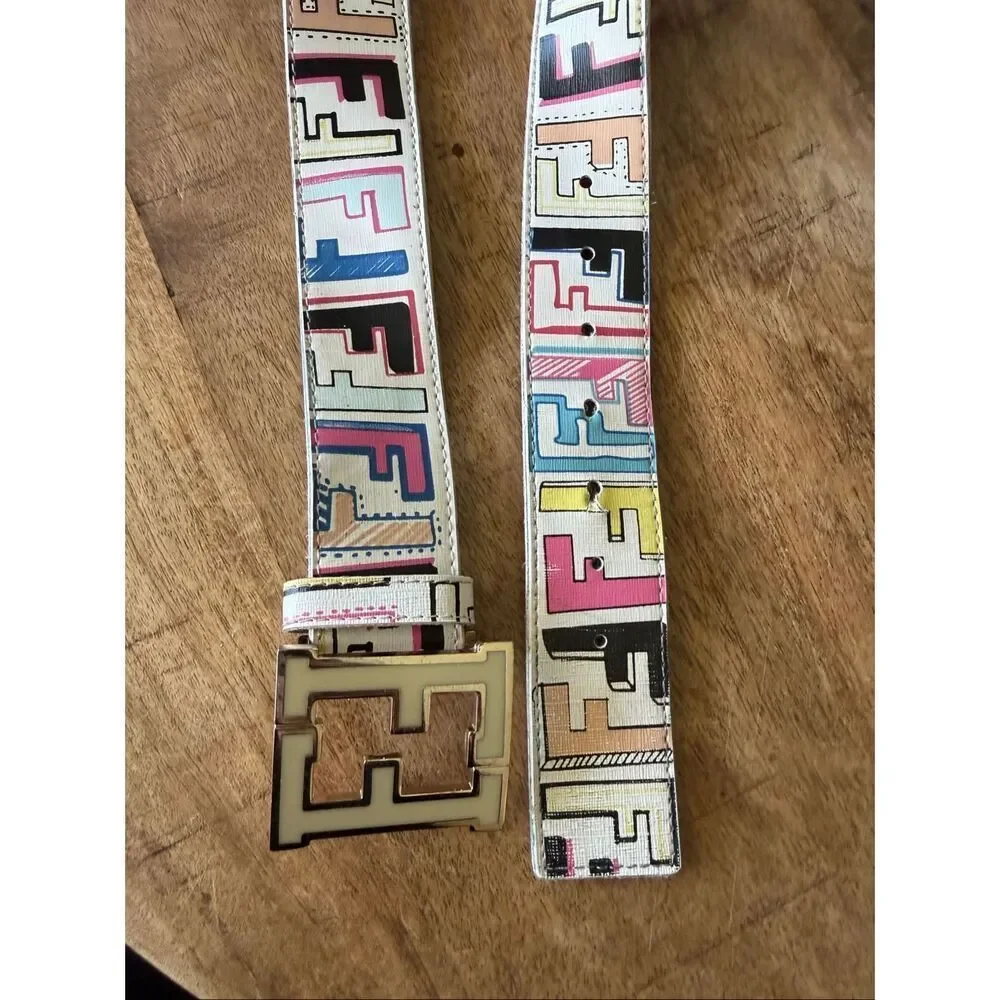 Vintage Fendi Multicolor FF Logo Leather Belt Made in Italy
